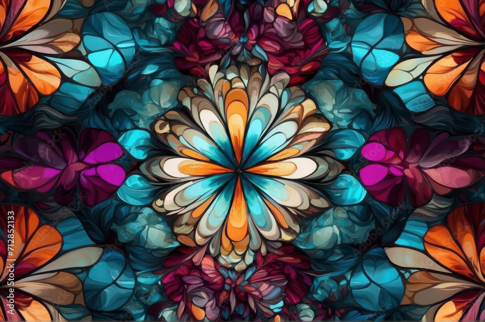 Stained glass abstract background. Fractal flower pattern in vibrant colors. Kaleidoscope art. Stained glass abstract background. Fractal flower pattern in vibrant colors. Kaleidoscope art.