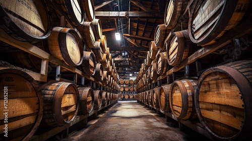 Whiskey barrels, bourbon barrels, scotch barrels and wine barrels in an aging facility. photo