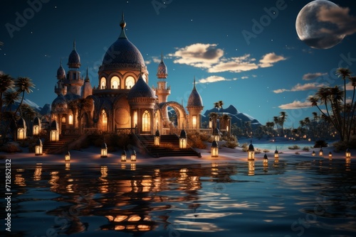 Ramadan Kareem Beach Resort with Decorative Lights, on an isolated Resort Turquoise background, Generative AI
