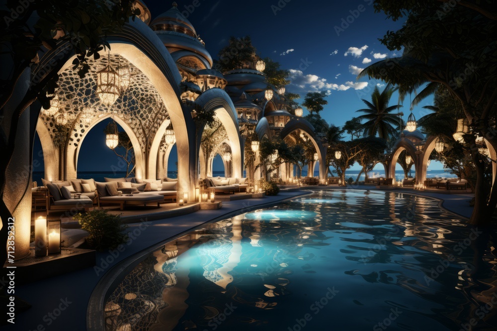 Obraz premium Ramadan Kareem Beach Resort with Decorative Lights, on an isolated Resort Turquoise background, Generative AI