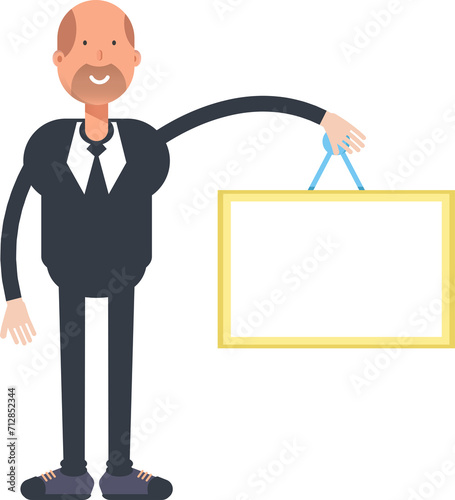 Old Businessman Character Holding Blank Signage 