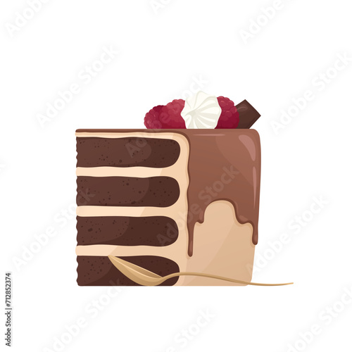 Piece of decorated cake with raspberry, chocolate, meringue and cacao topping. Bakery, sweet food, dessert, pastry concept. Vector illustration for poster, banner, cover, card, postcard, menu.