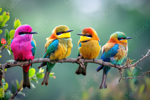 colorful birds sitting on top of tree branch