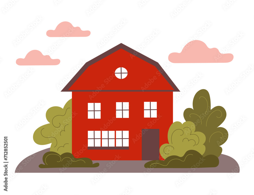 Wooden Red farm house. Farmhouse building. Cartoon flat vector illustration. Wooden Red farm house. Farmhouse building. Cartoon flat vector illustration.