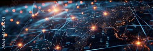 Distribution and logistics concept of global digital internet marketing and business e-commerce banner graphic concept showing global network and social media connection technology. Generative AI