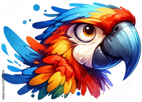 Artistic watercolor painting of a parrot with a vivid display of orange, red, and blue feathers