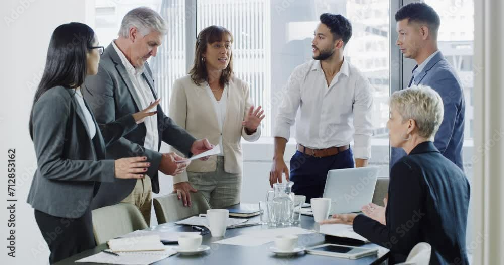 Business people, discussion and meeting in office, diversity and collaboration in corporate job on project. Men, women and communication with notes, manager and teamwork with brainstorming in company