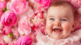 Image of a baby surrounded by pink flowers