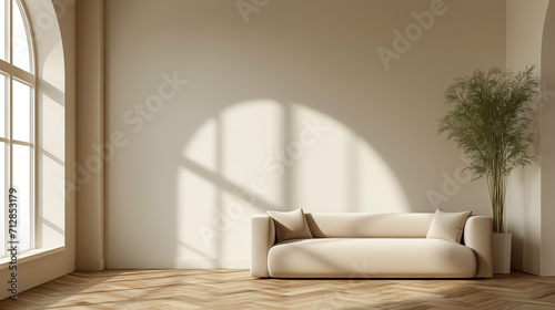 Minimalist home interior design of modern living room. Curved sofa against arched window near beige wall with copy space
