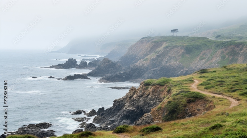 The once clear view of the ocean is now obscured by the dense fog, adding an element of mystery to the coastal scene.