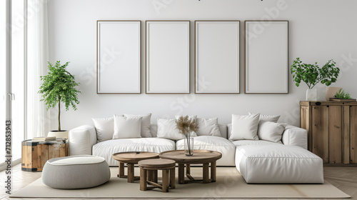 Square coffee table near white sofa and rustic cabinets against white wall with blank poster frames with copy space. Japanese home interior design of modern living room