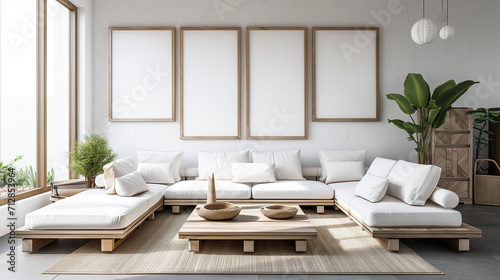 Square coffee table near white sofa and rustic cabinets against white wall with blank poster frames with copy space. Japanese home interior design of modern living room © midart