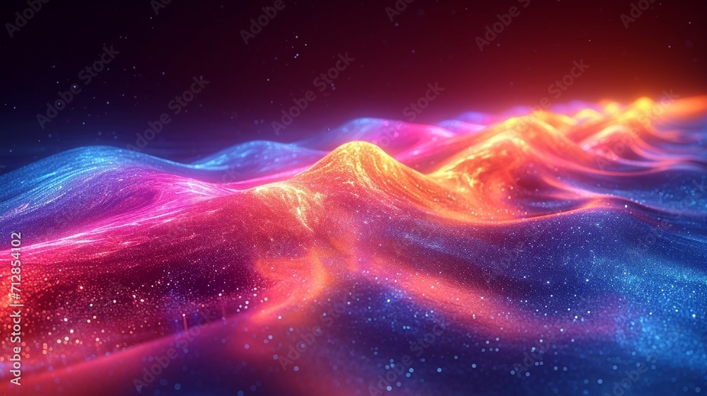 3D-rendered, curved neon wave with a glossy, iridescent finish. Bright, multicolored abstract background. High-definition, realistic style.