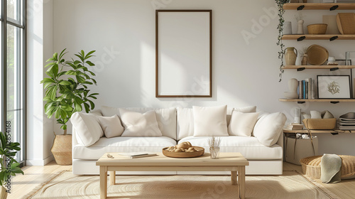 Wooden coffee table and white sofa with beige pillows against wall with shelves and poster frame. Modern cottage home interior design of modern living room