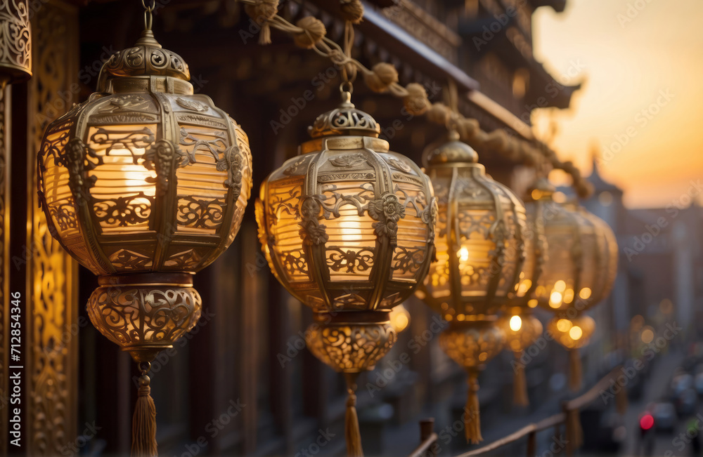 Elegant Ornate golden Chinese New Year Lanterns on bokeh golden Nights with copy space, chinese new year banner design