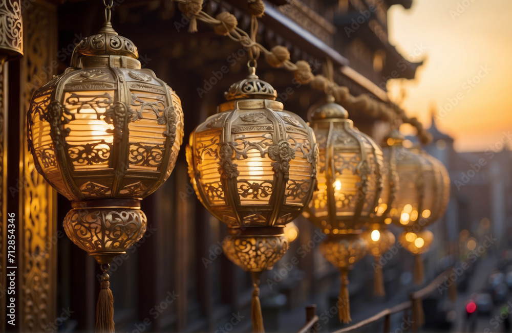 Elegant Ornate golden Chinese New Year Lanterns on bokeh golden Nights with copy space, chinese new year banner design Elegant Ornate golden Chinese New Year Lanterns on bokeh golden Nights with copy space, chinese new year banner design