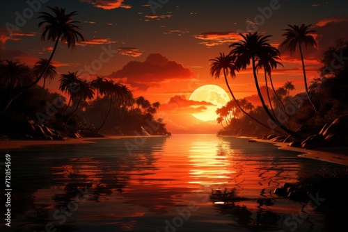 Sunset Over a Tropical Beach  Celebrating Ramadan Kareem  on an isolated Sunset Orange background  Generative AI