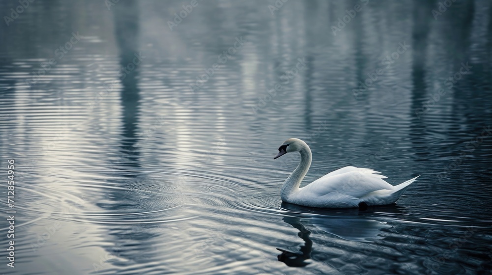 Fototapeta premium Closeup of a lone swan its peaceful stillness broken only by the occasional ripple of water and the distant echoes of the bustling city creating a serene and surreal atmosphere