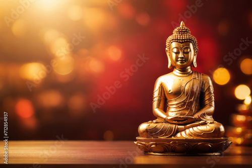 golden buddha statue on red and gold bokeh background