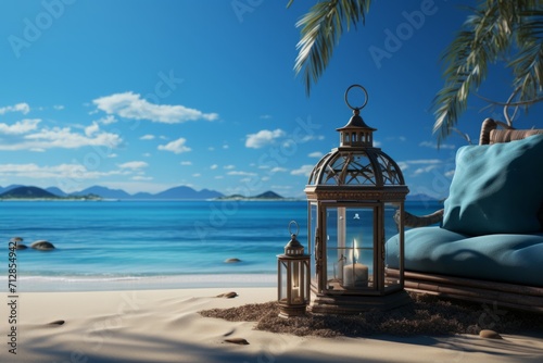 Tranquil Beach Setting with Ramadan Kareem Greetings, on an isolated Ocean Blue background, Generative AI © Box Milk