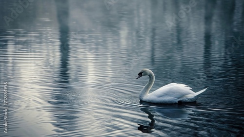 Closeup of a lone swan its peaceful stillness broken only by the occasional ripple of water and the distant echoes of the bustling city creating a serene and surreal atmosphere © Justlight