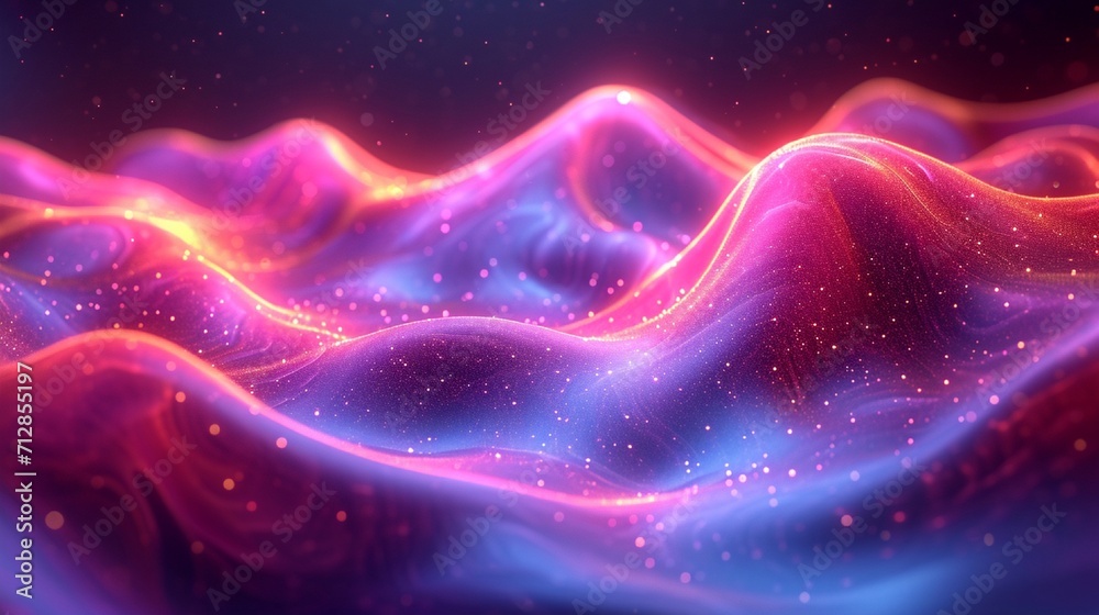 A 3D-rendered neon, iridescent fluid wave in motion against a colorful abstract background. Holographic effect with HD camera clarity. A 3D-rendered neon, iridescent fluid wave in motion against a colorful abstract background. Holographic effect with HD camera clarity.
