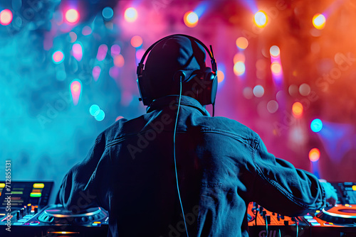 a DJ, the DJ is seen from the back of DJ party background