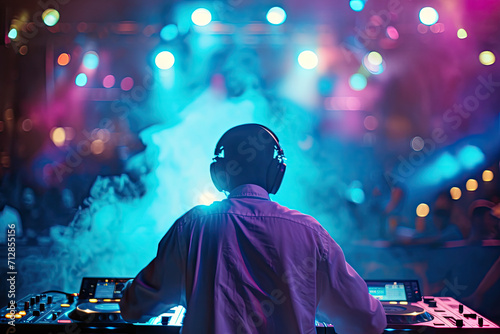 a DJ, the DJ is seen from the back of DJ party background