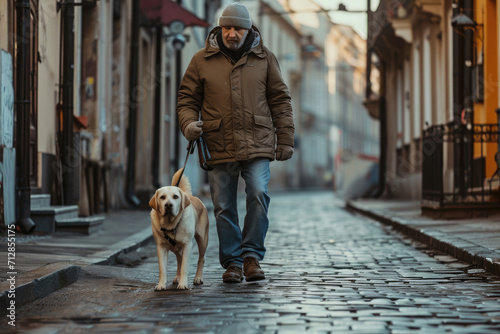 The blind man was taken for a walk by his dog, street background 