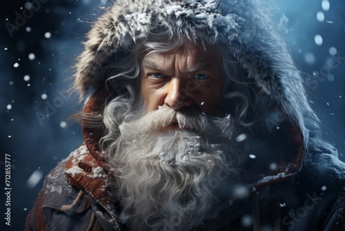 Hyper-Detailed Santa Claus, His Beard Frosted with Snow, on an isolated Frosty Blue background, Generative AI