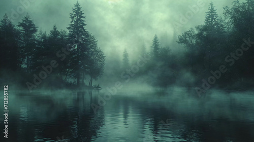 Dark horror background with mysterious red moon or circle over a foggy swamp © 99 Inspiration