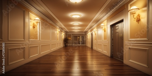 Spacious hallway adorned with golden ceiling lights and wooden flooring.