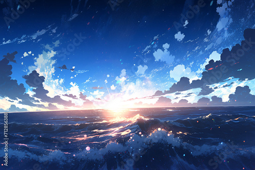 Blue sea landscape illustration, night sea starry sky illustration background illustration © lin