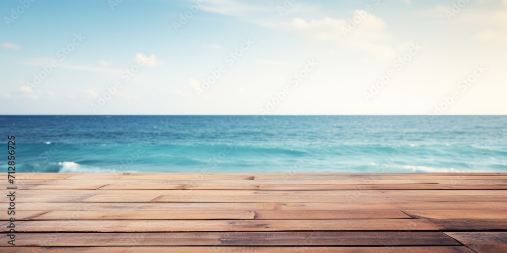 Sea background with empty wooden deck table. Ready for montaged product display.