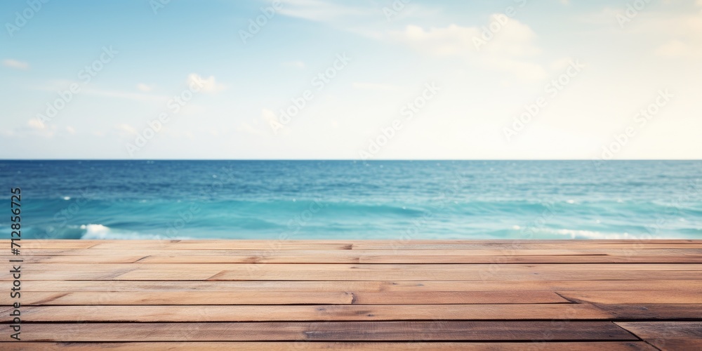 Fototapeta premium Sea background with empty wooden deck table. Ready for montaged product display.