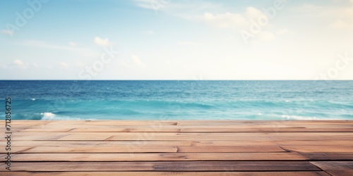 Sea background with empty wooden deck table. Ready for montaged product display. © Sona
