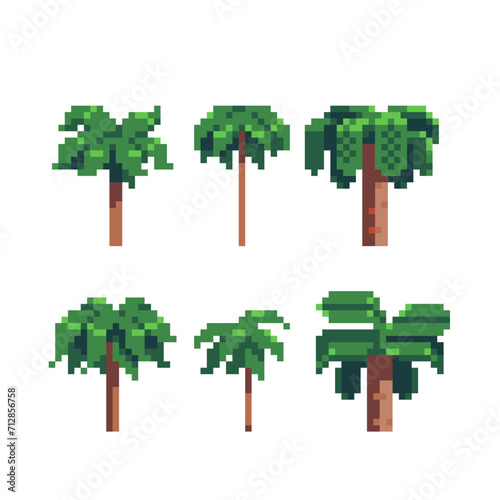 Palm icon set pixel art style. Game assets. 8-bit sprite. Isolated abstract vector illustration.  Element design for stickers, web, embroidery, mobile app.