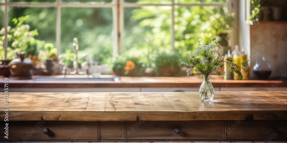 Country-style kitchen with large windows and garden; wooden table top against a blurry background.