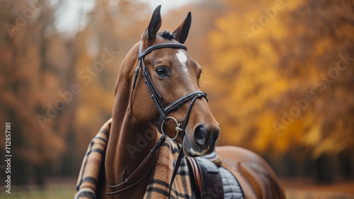 Majestic horse strides through city streets adorned in tailored sophistication, embodying street style. The realistic urban setting captures the grandeur of equine elegance fused with contemporary fas