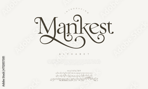 Mankest premium luxury elegant alphabet letters and numbers. Elegant wedding typography classic serif font decorative vintage retro. Creative vector illustration