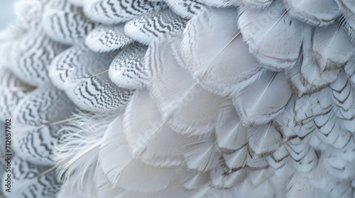 Closeup of a ptarmigans intricate patterns of white and grey feathers resembling delicate snowflakes photo