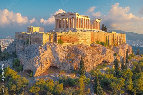 Acropolis, Athens, Greece, aerial view at picturesque sunset, sunrise