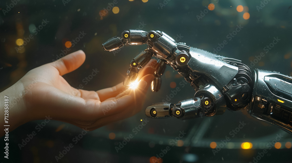 Illustrate a symbolic connection between a robot and a human hand in a ...