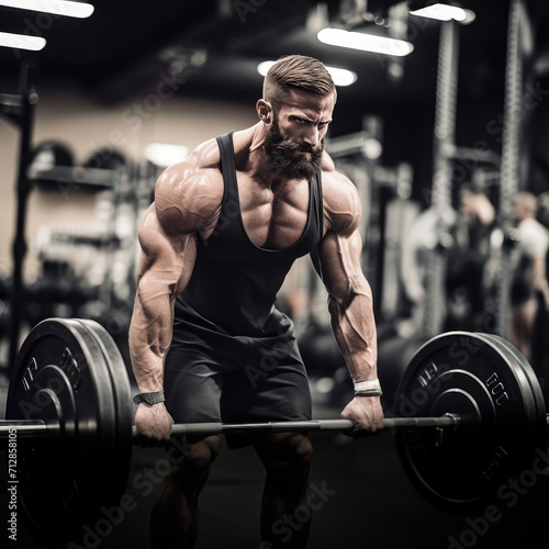 A powerhouse in the gym: a sculpted man exudes strength, veins bulging, as he effortlessly holds a heavy barbell, epitomizing dedication and fitness prowess.