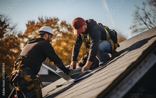 Two men work to tile sheet and repair the roof.