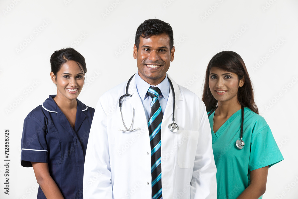 Indian medical team standing on white background Indian medical team standing on white background