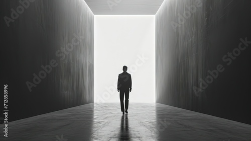 Silhouette man in big door, black and white style