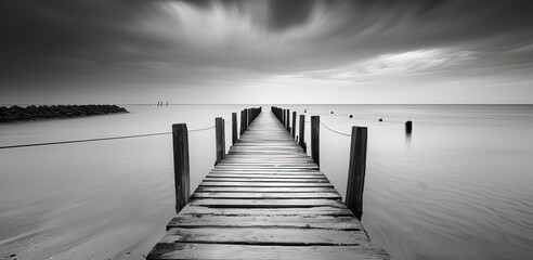 Fotobehang Pier Pier brug zwart-wit aan zee  © Ariestia