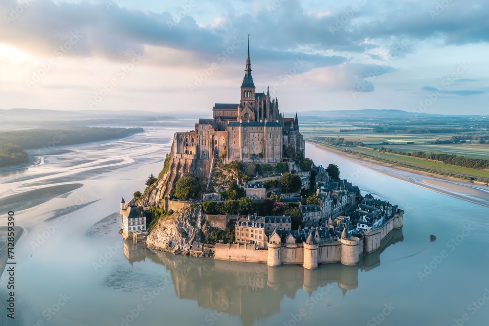 Mont Saint-Michel. Scenic aerial view at sunset, Normandy, France - obrazy, fototapety, plakaty 
