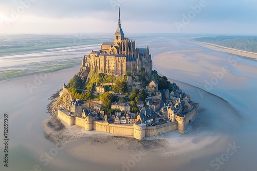 Mont Saint-Michel. Scenic aerial view at sunset, Normandy, France photo